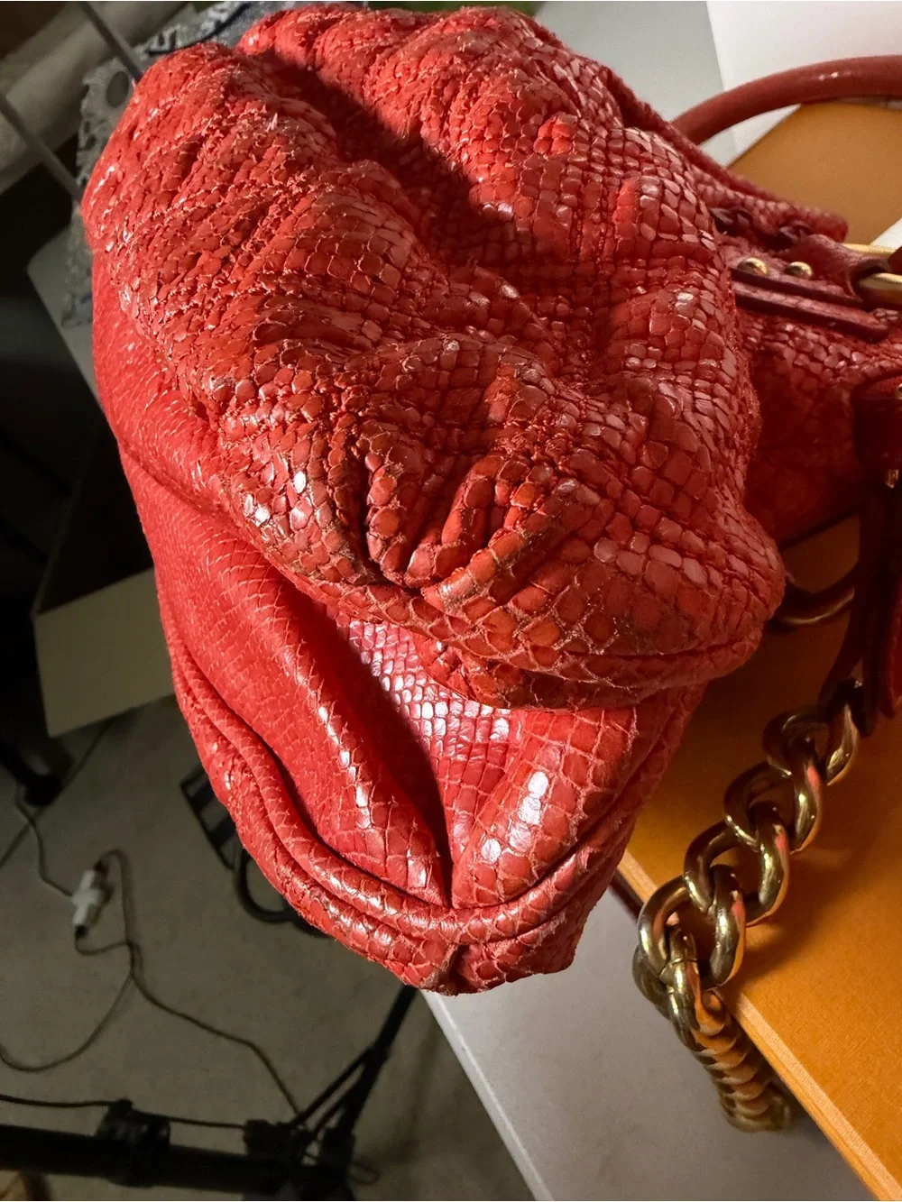 Marc Jacobs Embossed Python Leather Satchel – Coral Red